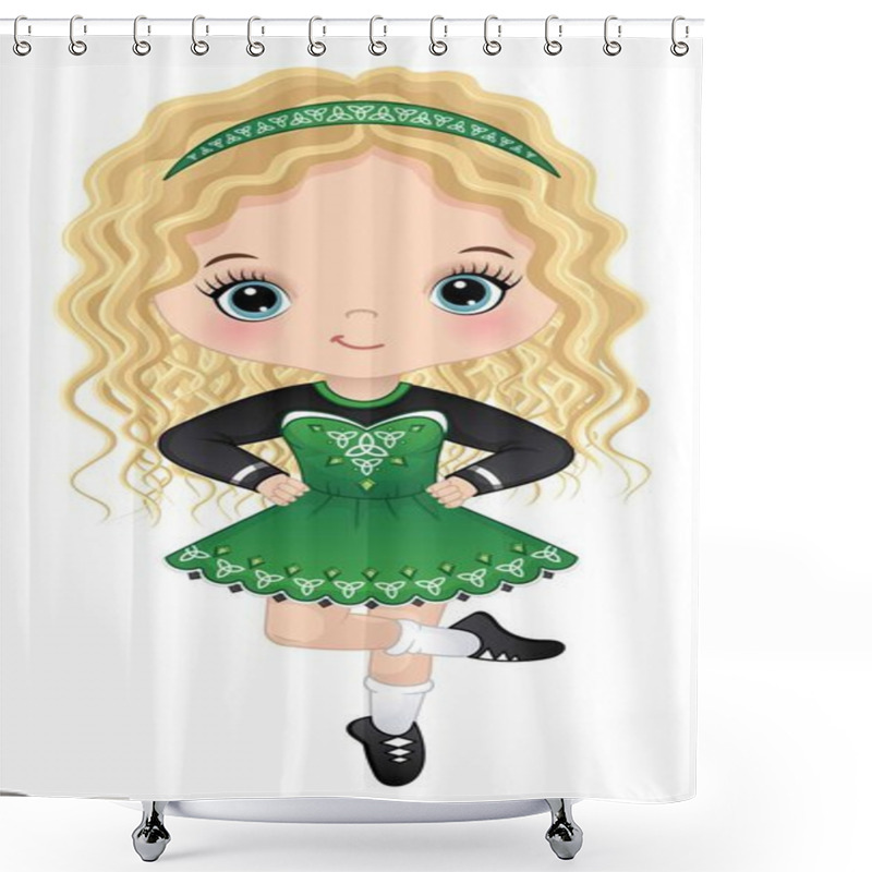 Personality  Cute Little Girl Wearing Traditional Celtic Dress Performing Irish Dance. Little Girl Is Blond With Long Curly Hair And Blue Eyes. Irish Dancer Vector Illustration Shower Curtains