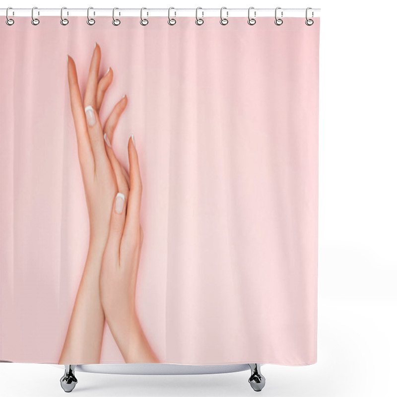 Personality  Cropped View Of Female Hands Isolated On Pink Shower Curtains