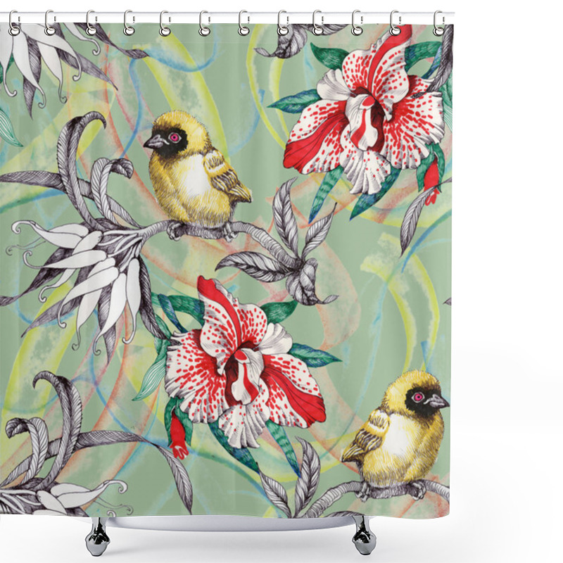 Personality  Seamless Pattern With Birds On Flowers Shower Curtains