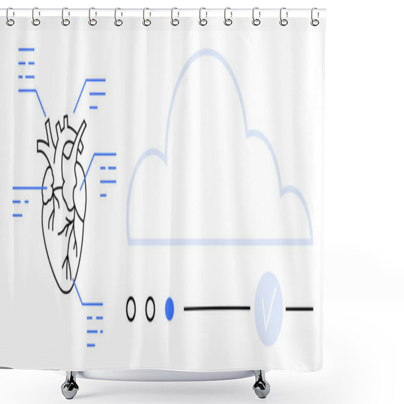 Personality  Heart Image With Data Links Highlights Health Monitoring. Cloud Computing Symbol Emphasizes Digital Storage. Ideal For Healthcare, Tech Integration, IoT, Data Exchange, Cardiology, Remote Health Shower Curtains