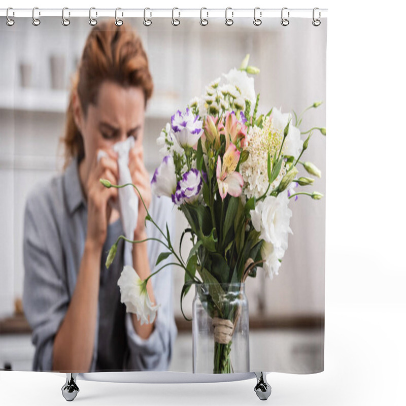 Personality  Selective Focus Of Bouquet Of Flowers Near Woman With Pollen Allergy Sneezing In Tissue  Shower Curtains