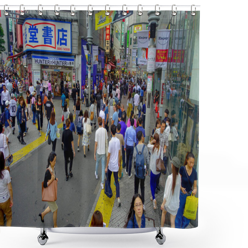 Personality  TOKYO, JAPAN JUNE 28 - 2017: Unidentified Pedestrians Crossing The Shibuya Street In Tokyo, Japan. The Famous Scramble Crosswalk Is Used By Over 2.5 Million People Daily Shower Curtains