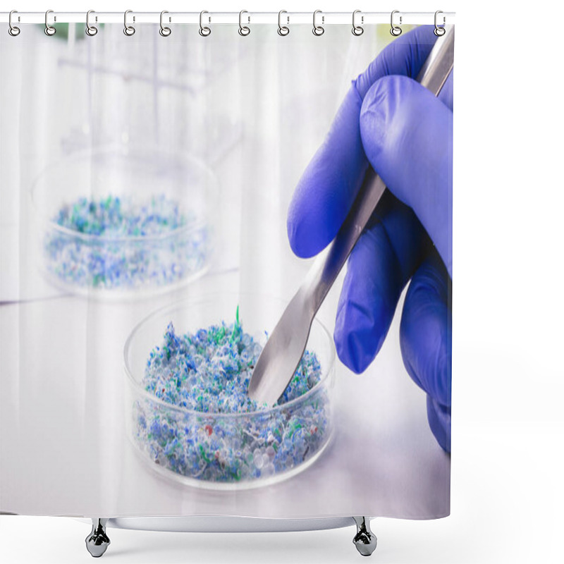 Personality  Hand Of Traces Of Plastic And Microplastic In Petri Dish, Analyzed In Laboratory, Study Of Environmental Problem Shower Curtains