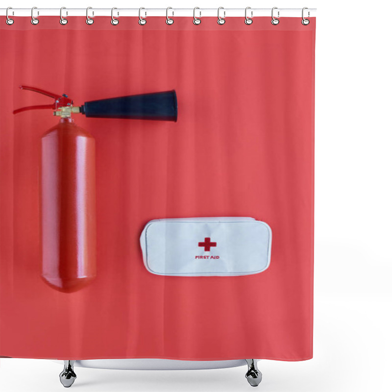 Personality  Top View Of Fire Extinguisher And First Aid Kit Isolated On Red Shower Curtains