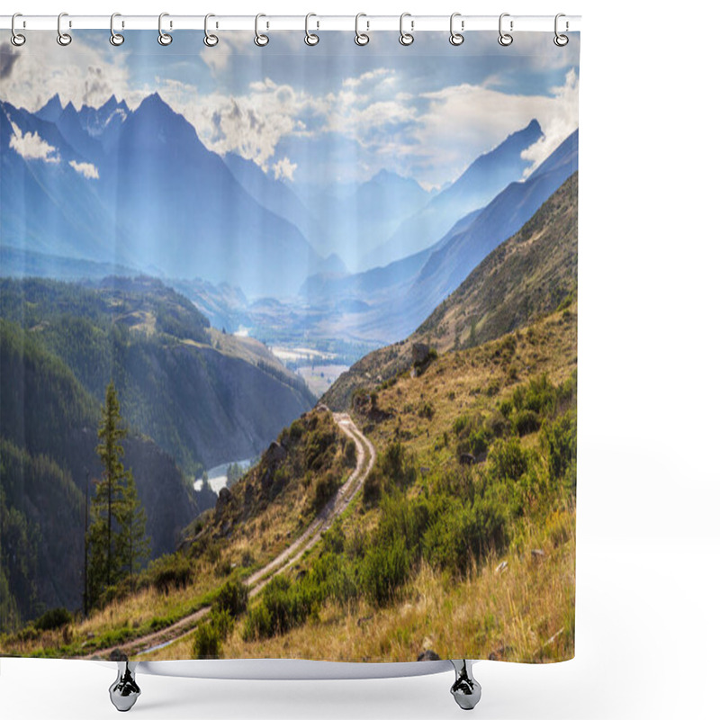 Personality  Scenic View Of A Mountain Valley, Summer In The Altai Mountains. Dangerous Road Over The Gorge. Shower Curtains