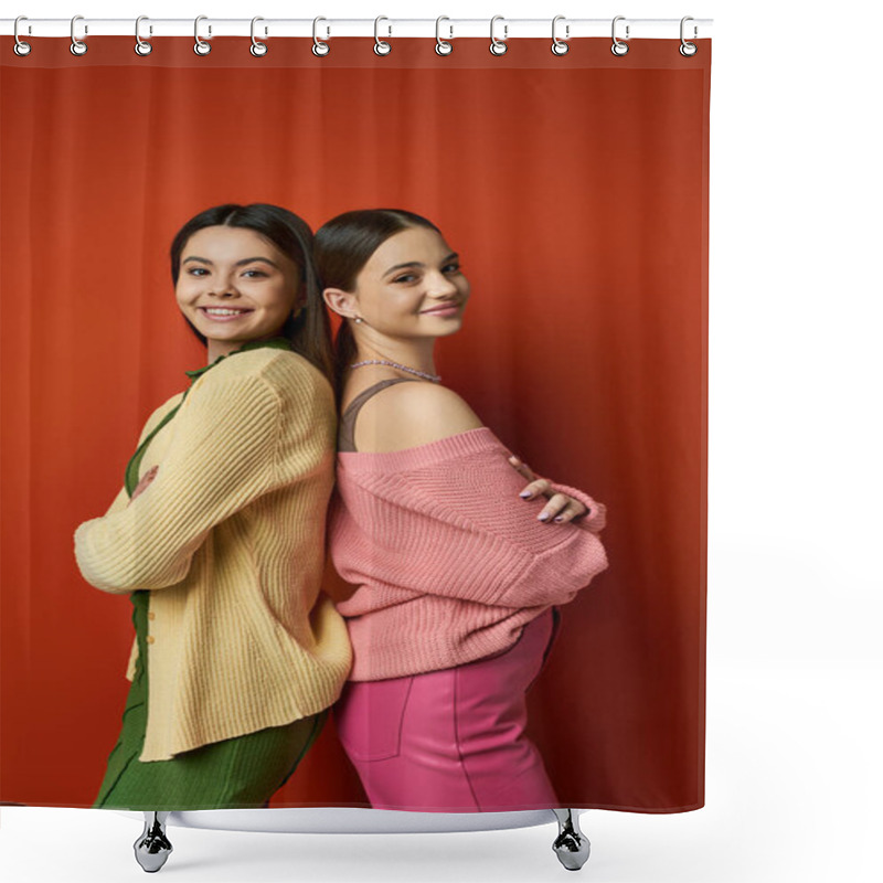 Personality  Two Pretty Brunette Teenage Girls In Casual Attire Standing Next To Each Other In Front Of A Vibrant Red Wall. Shower Curtains