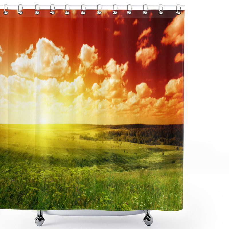 Personality  Summer Landscape Field Of Green Grass And Sunset Shower Curtains