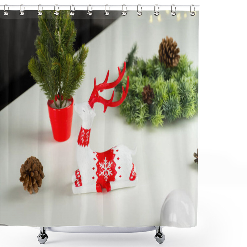 Personality  New Year's Deer On A Table Decorated With New Year's Toys Shower Curtains