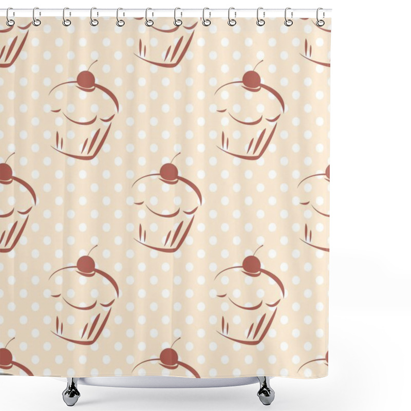 Personality  Seamless Vector Pattern Or Texture With Cherry Cupcakes And White Polka Dots On Pink Background. Hand Drawn Muffins And Sweet Cake Dessert Background With Sweets For Desktop Wallpaper, Blog Website. Shower Curtains