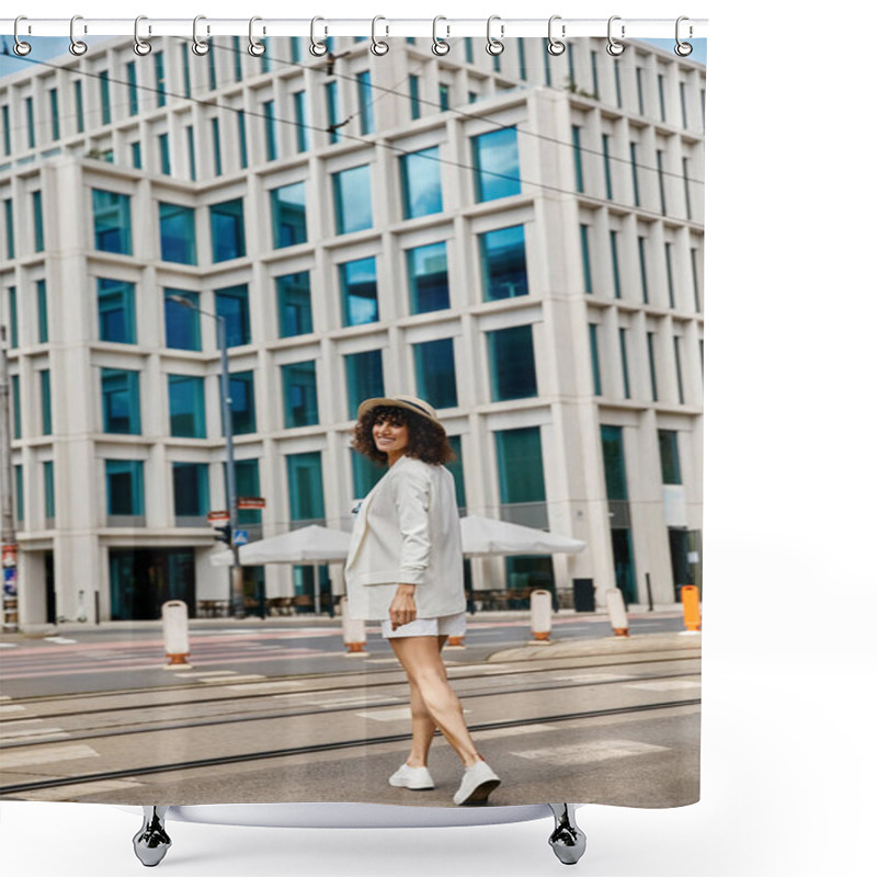 Personality  A Woman In A White Outfit Walks Across A Street In A European City. Shower Curtains