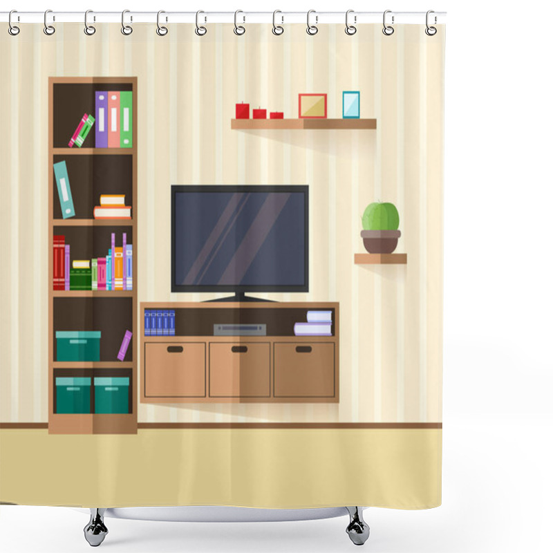 Personality  Design TV Zone In A Flat Style. Interior Living Room With Furniture, Tv And Shelf. Vector Illustration Shower Curtains