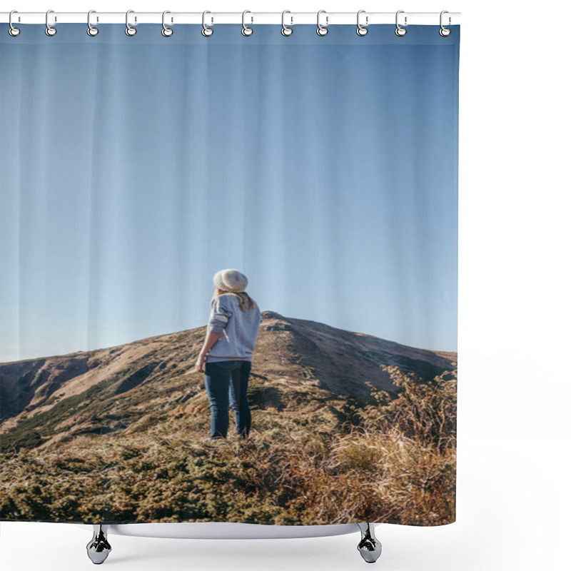 Personality  Rear View Of Woman Looking At Beautiful Mountains On Sunny Day, Carpathians, Ukraine Shower Curtains