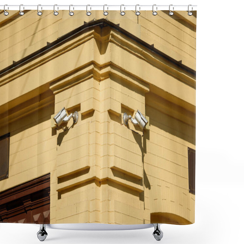 Personality  Closeup Image Of Security Cameras On Yellow Building Facade In Sunlight Shower Curtains