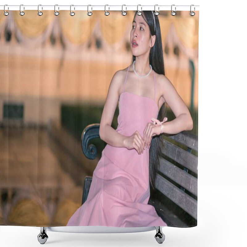 Personality  A Serene Moment Featuring A Woman In A Pink Dress Sitting On A Bench By A Lake At Night, Exuding Elegance And Tranquility In A Beautifully Lit Outdoor Setting. Shower Curtains