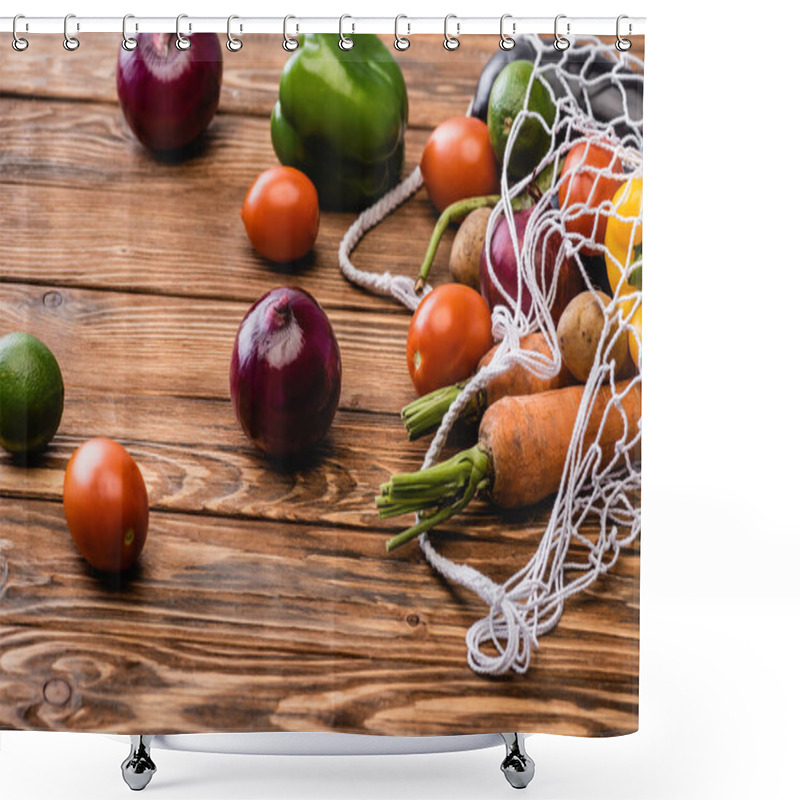 Personality  Fresh Ripe Vegetables Scattered From String Bag On Wooden Table Shower Curtains