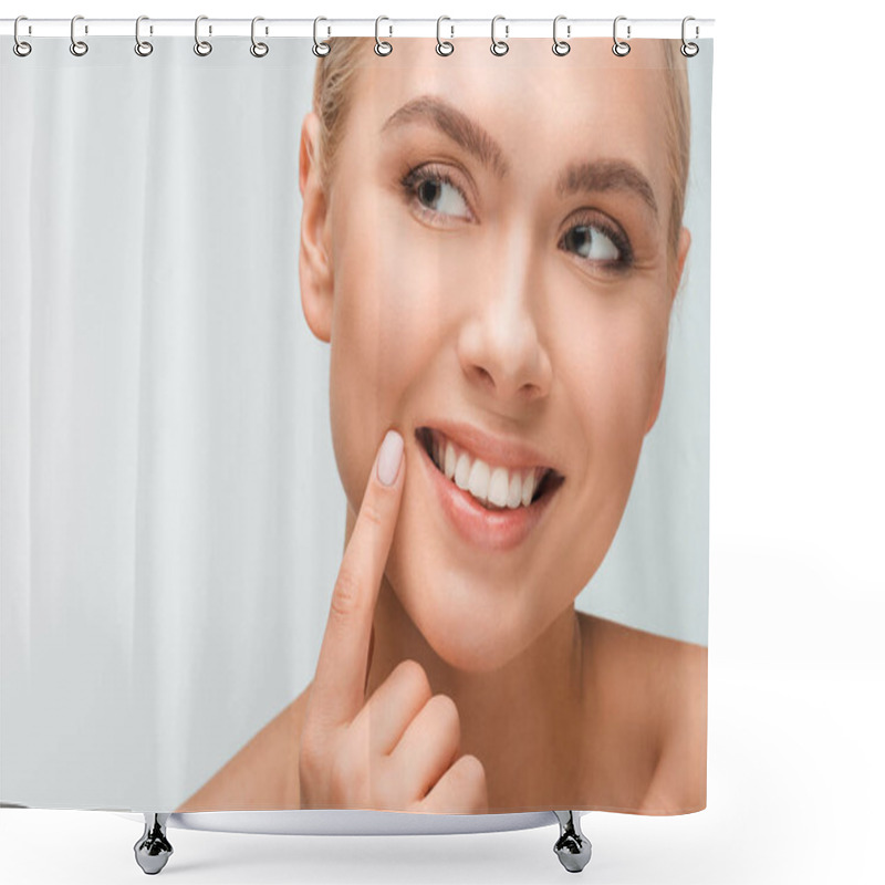 Personality  Happy Woman Pointing With Finger At Face Isolated On White  Shower Curtains