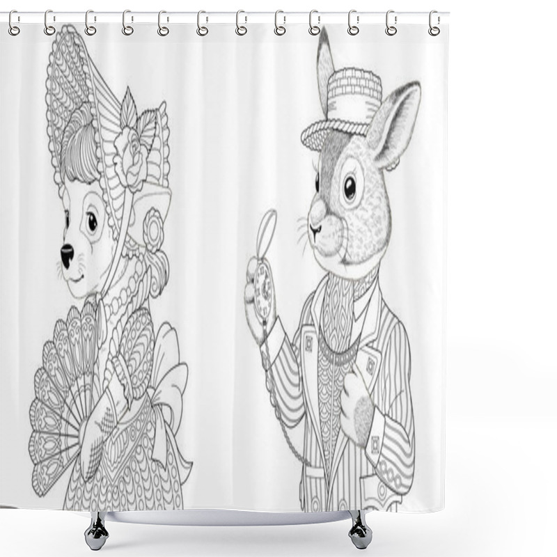 Personality  Coloring Page. Dog Girl And Rabbit Man. Line Art Drawing For Adult Or Kids Coloring Book In Zentangle Style. Vector Illustration. Shower Curtains