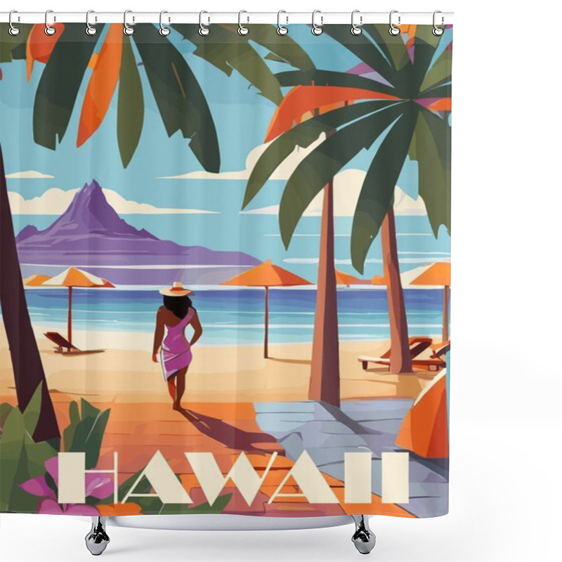 Personality  Hawaii Travel Destination Poster In Retro Style. Exotic Tropical Ocean Beach Landscape With Mountains And Exotic Plants Vintage Print. Summer Vacation, Holidays Concept. Vector Colorful Illustration. Shower Curtains