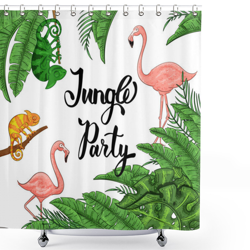 Personality  Jungle Party Banner With Flamingo And Chameleon, Palm Leaves Shower Curtains