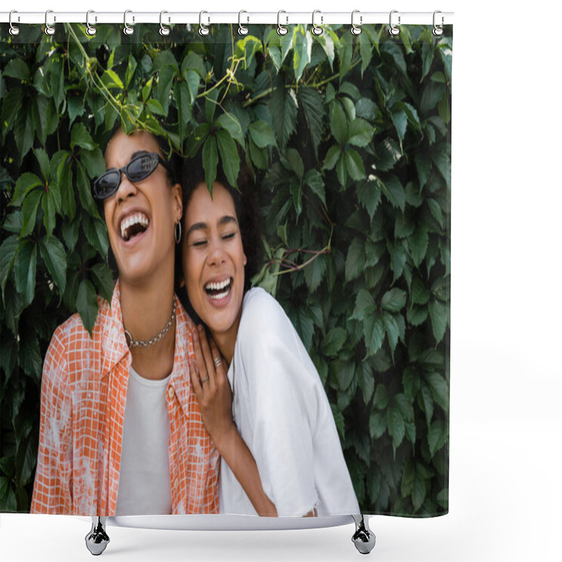 Personality  Happy African American Lesbian Women Laughing Near Green Bush In Park  Shower Curtains