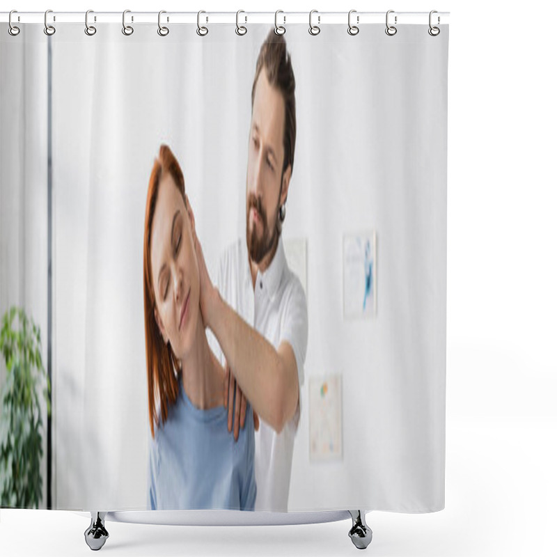 Personality  Bearded Chiropractor Examining Injured Neck Of Redhead Woman In Consulting Room, Banner Shower Curtains