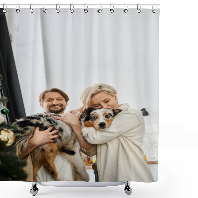 Personality  A Couple Shares A Tender Moment While Cuddling Their Beloved Pet In The Comfort Of Their Home. Shower Curtains