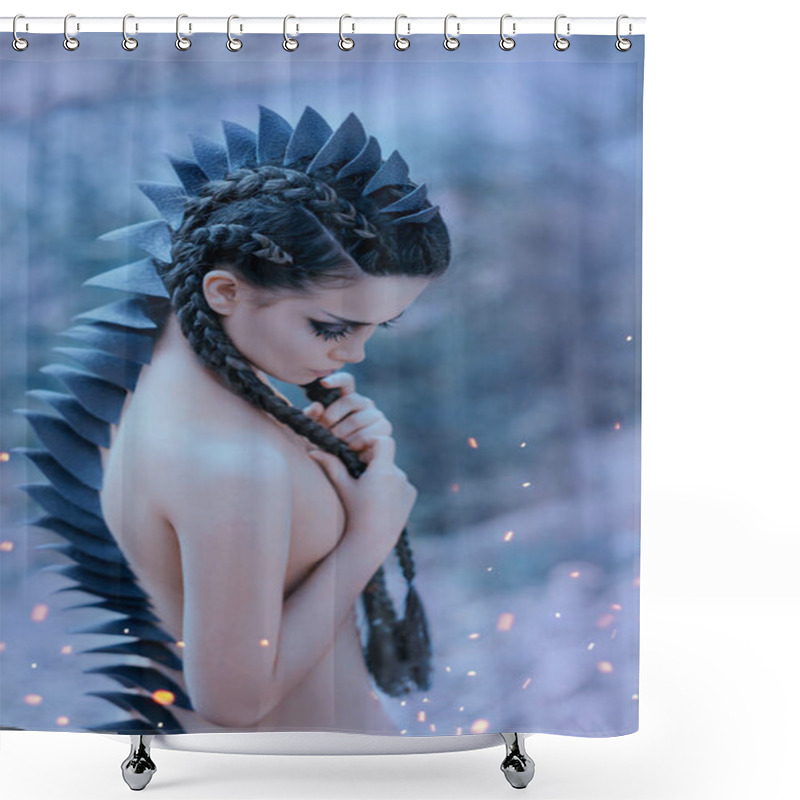 Personality  Dragon Girl Black, Sharp Thorns Cover The Back And Head Of A Young Woman. Creative Fabulous Image Of An Alien Humanoid Creature. Unusual Hairstyle With Braids. Gothic Dark Makeup. Art Retouching Shower Curtains