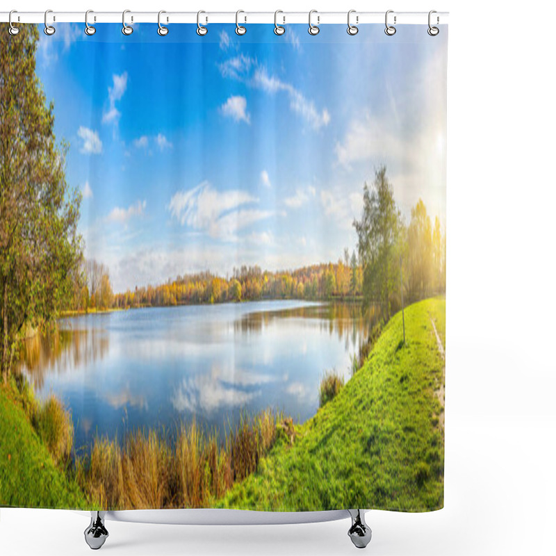 Personality  Panoramic View Of Autumn Park On Pond In Katowice, Poland Shower Curtains