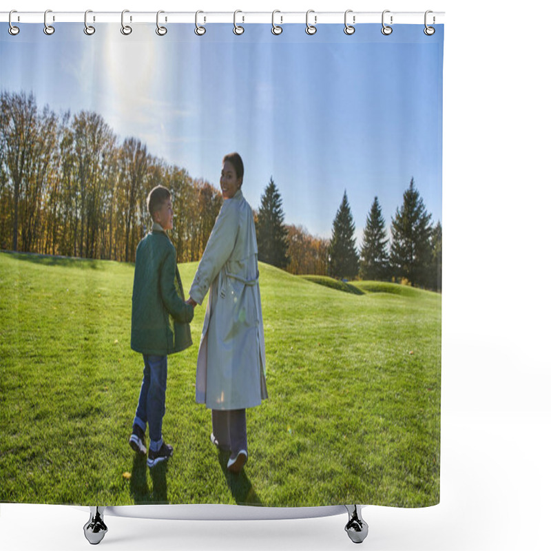 Personality  Sunny Day In Fall, African American Woman Walking With Son In Park, Green Grass, Autumn, Outerwear Shower Curtains