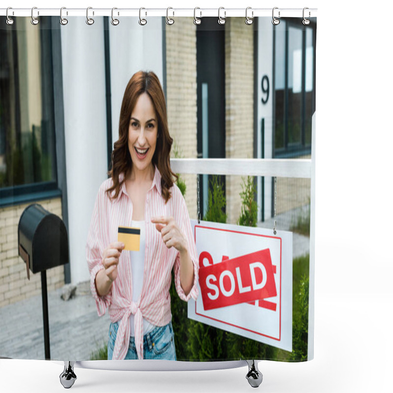 Personality  Cheerful Woman Pointing With Finger At Credit Card Near Board With Sold Letters  Shower Curtains