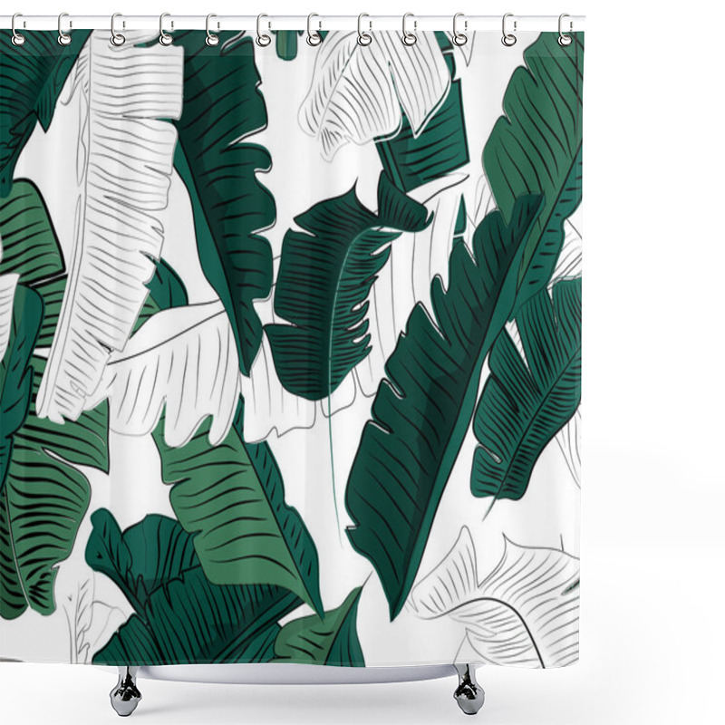 Personality  Foliage Jungle Pattern, Hand Drawn Outline Black Ink Banana Leaves On White Background. Shower Curtains