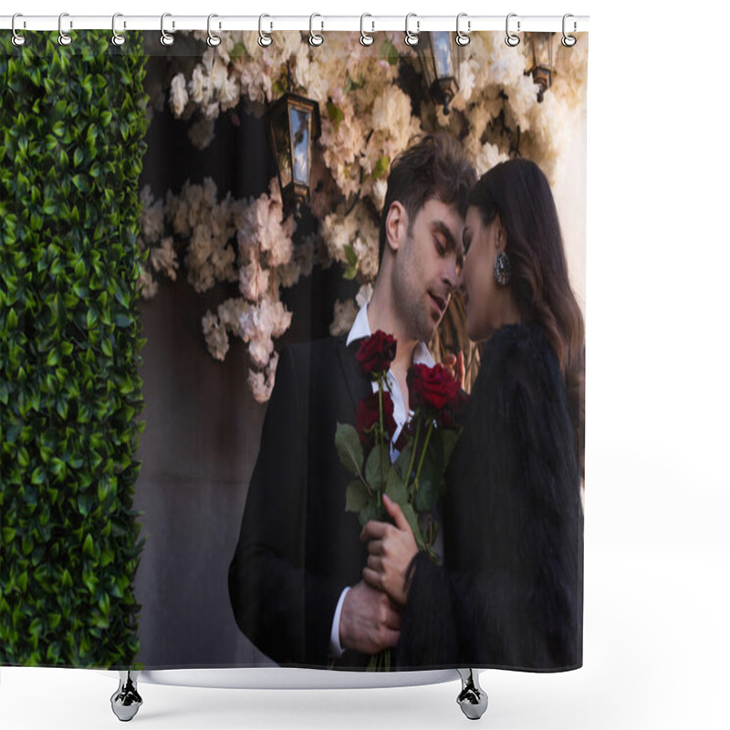 Personality  Man Holding Red Roses Near Woman In Faux Fur Jacket Near Blooming Flowers On Wall Shower Curtains