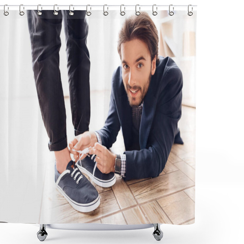 Personality  A Man Under The Table To Tie Laces To His Business Colleague. Shower Curtains