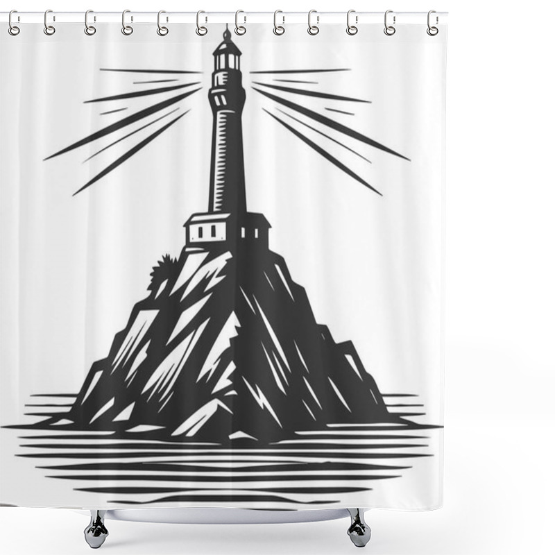 Personality  Small Rocky Island With Lighthouse On Top Stencil Drawing Shower Curtains