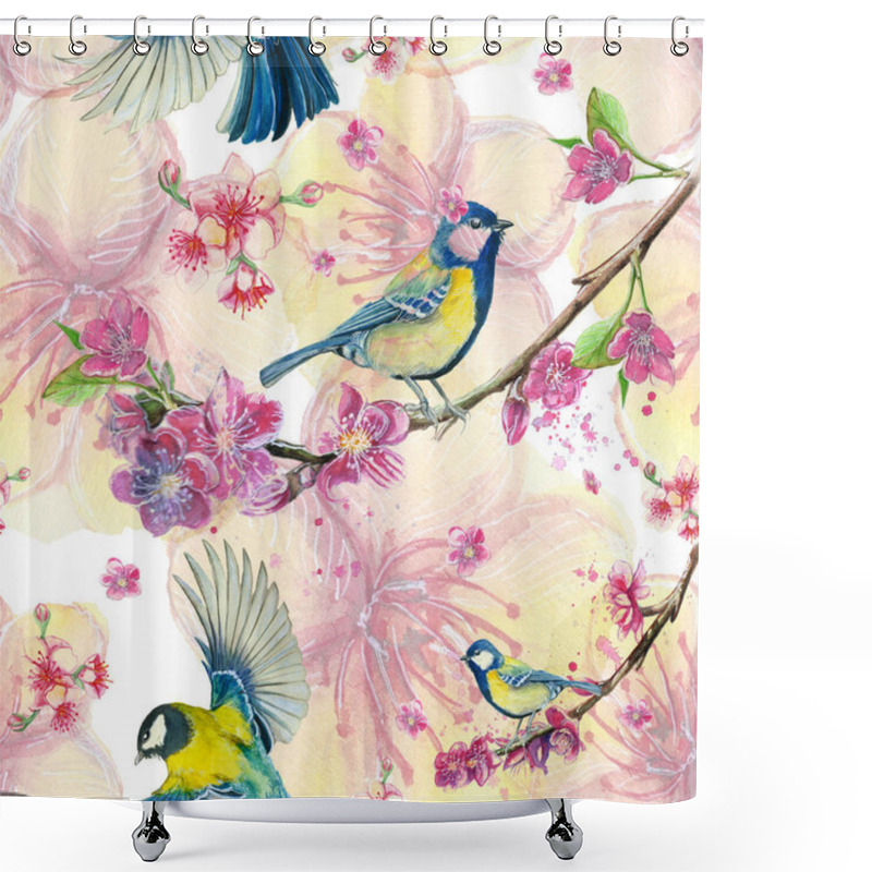 Personality  Watercolor Drawing Seamless Pattern On The Theme Of Spring, Heat, Illustration Of A Bird Of A Troop Of Passerine-shaped Large Tits Flying, With Open Wings, Feathers, With Yellow Breast And Blue Plumage, Hyperrealism, With Flowering Sakura Branches, P Shower Curtains