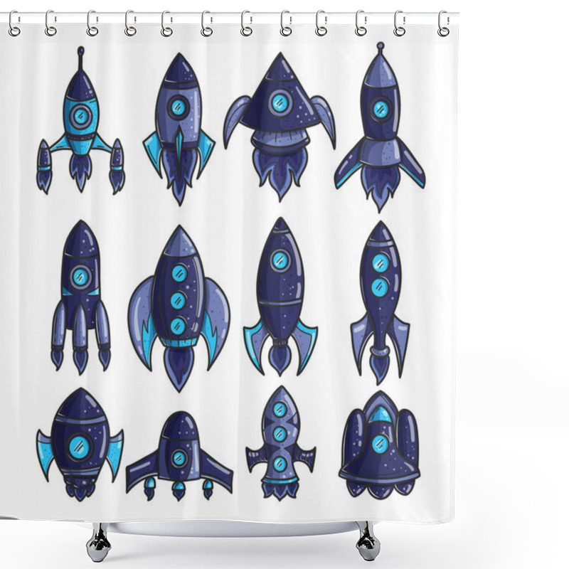 Personality  Cartoon Rockets Hand Drawn Icons Set. Cute Space Shuttles Cliparts. Doodle Spaceships. Spacecraft Stickers. Space Exploration. Cosmic Illustrations Collection. Isolated Vector Design Elements Shower Curtains