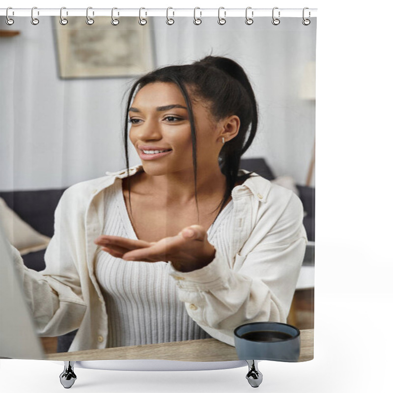 Personality  A Young Beautiful Woman Studies Remotely At Home, Engaged In An Online Learning Session. Shower Curtains