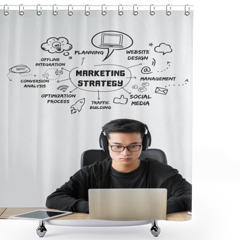 Personality  Asian Seo Manager Using Laptop And Sitting Near Illustration With Concept Words Of Marketing Strategy  Shower Curtains