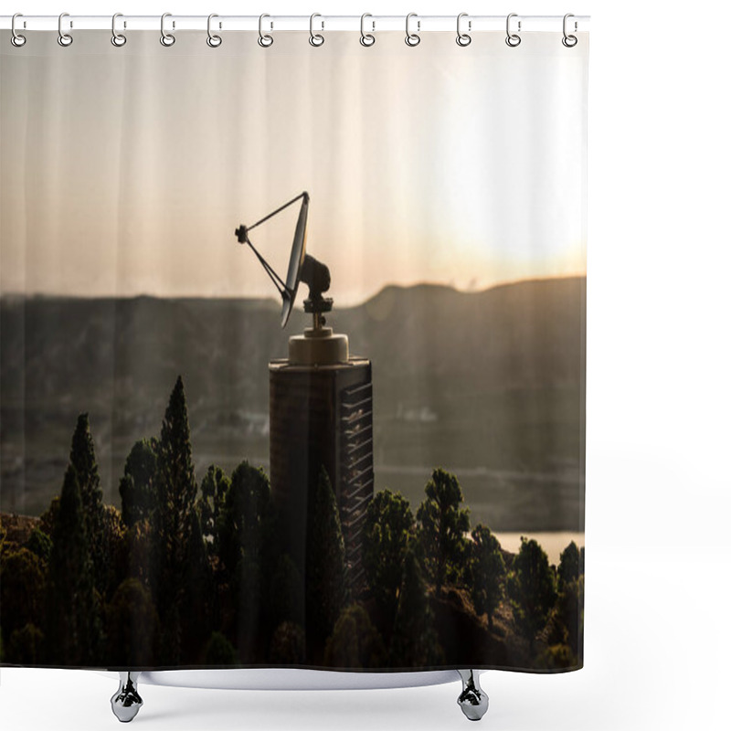 Personality  Space Radar Antenna On Sunset. Silhouettes Of Satellite Dishes Or Radio Antennas Against Night Sky. Creative Artwork Decoration. Selective Focus Shower Curtains