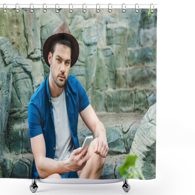 Personality  Handsome Young Man Using Smartphone While Sitting On Stone Staircase Shower Curtains