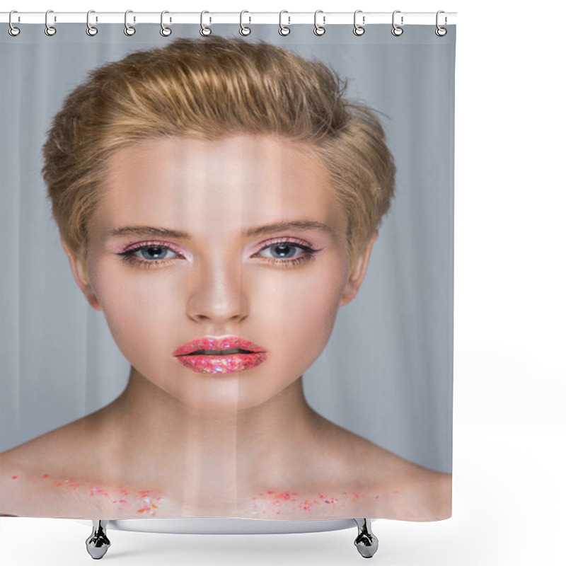 Personality  Attractive Woman With Glittering Makeup And Short Haircut Looking At Camera Isolated On Grey Shower Curtains