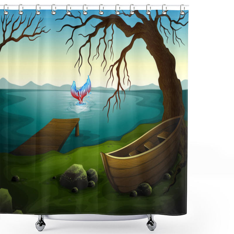 Personality  A Boat Under The Tree Near The Sea With A Big Fish Shower Curtains