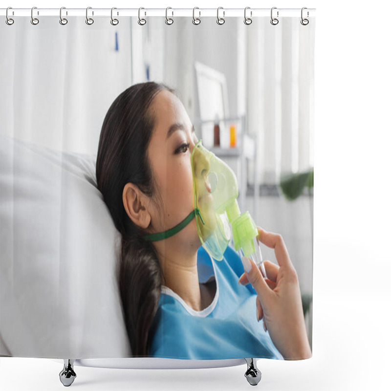 Personality  Side View Of Sick Asian Woman In Oxygen Mask Lying On Bed In Hospital Ward Shower Curtains