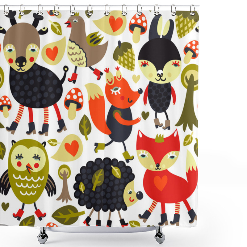 Personality  Seamless Pattern With Woodland Animals And Birds Shower Curtains