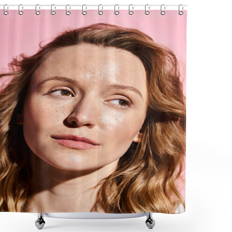 Personality  Close-up Of An Attractive Woman With Freckles On Her Face Exuding Natural Beauty While Posing Confidently. Shower Curtains