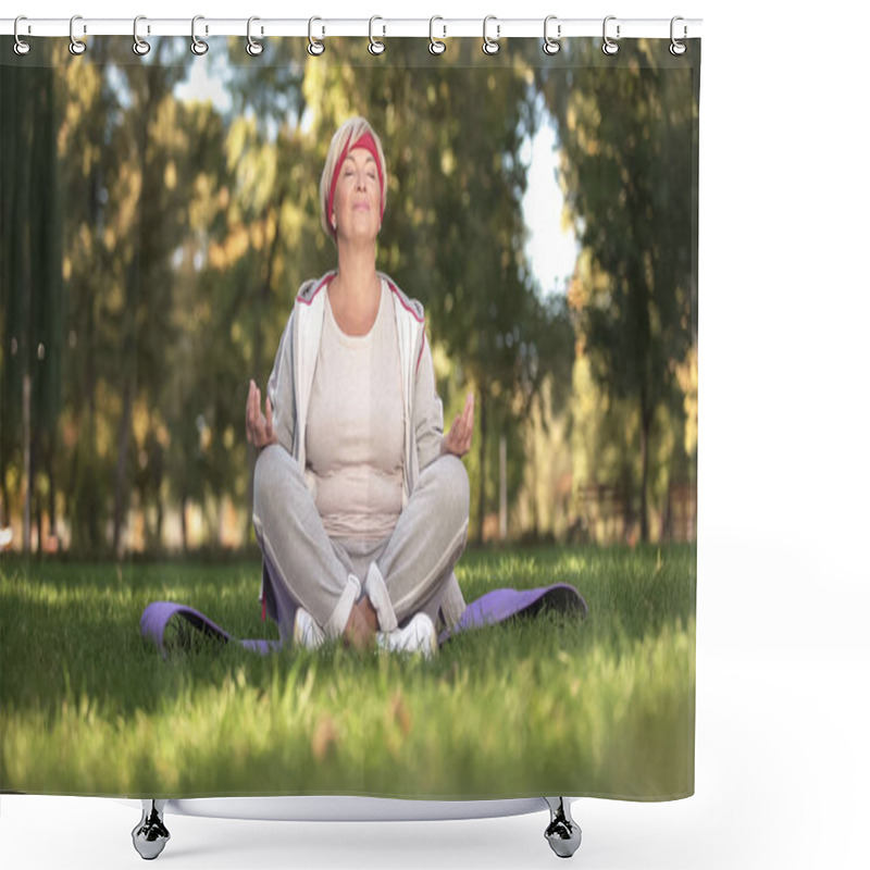 Personality  Middle Age Woman Deeply Breathing And Meditating Sitting In Lotus Position Shower Curtains