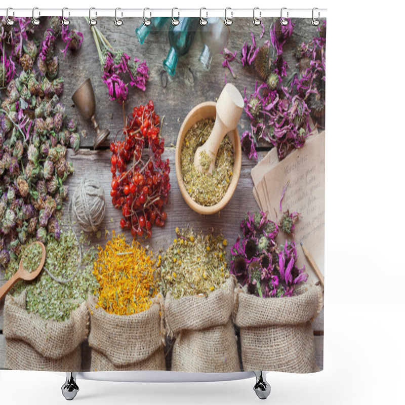 Personality  Healing Herbs In Hessian Bags, Wooden Mortar, Small Bottles On O Shower Curtains