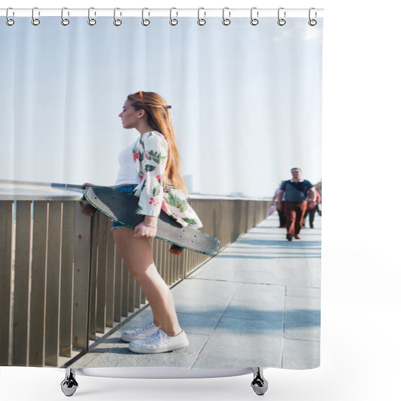 Personality  Woman With Longboard While Standing On Bridge Shower Curtains