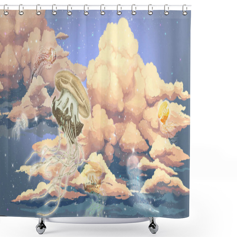 Personality  Bright Colourful Sky Wallpaper. Jellyfish In The Sky.Starry Sky Illustration. Illustration Of Clouds On A Blue Background.Drawn Book Illustration, Card, Postcard, Wallpaper, Mural Shower Curtains