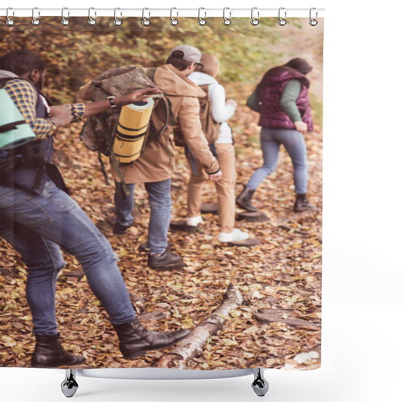 Personality  Friends Backpackers In Autumn Forest Shower Curtains